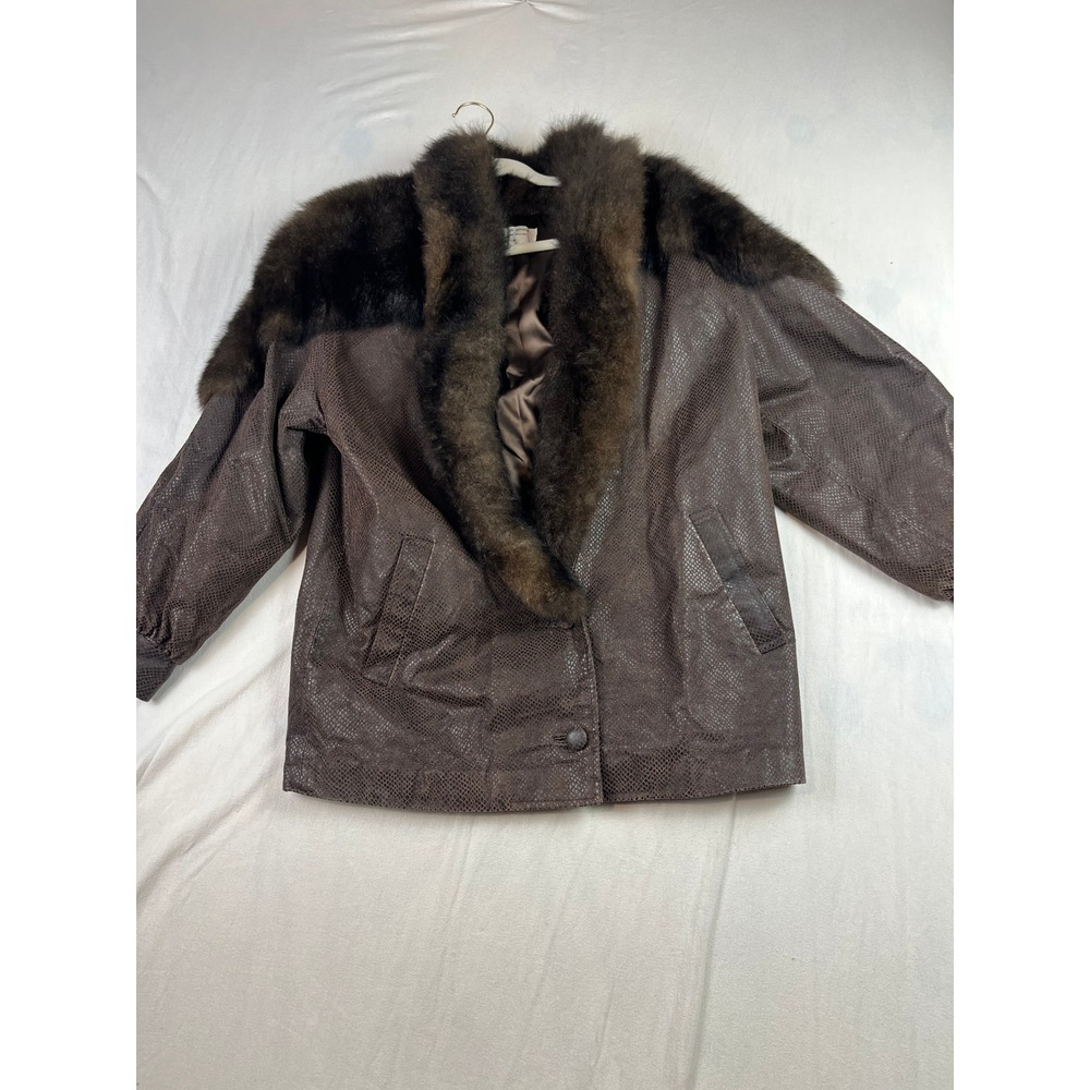 Vintage Brown Snakeskin Embossed Jacket with Dyed Opossum Fur Trim Collar